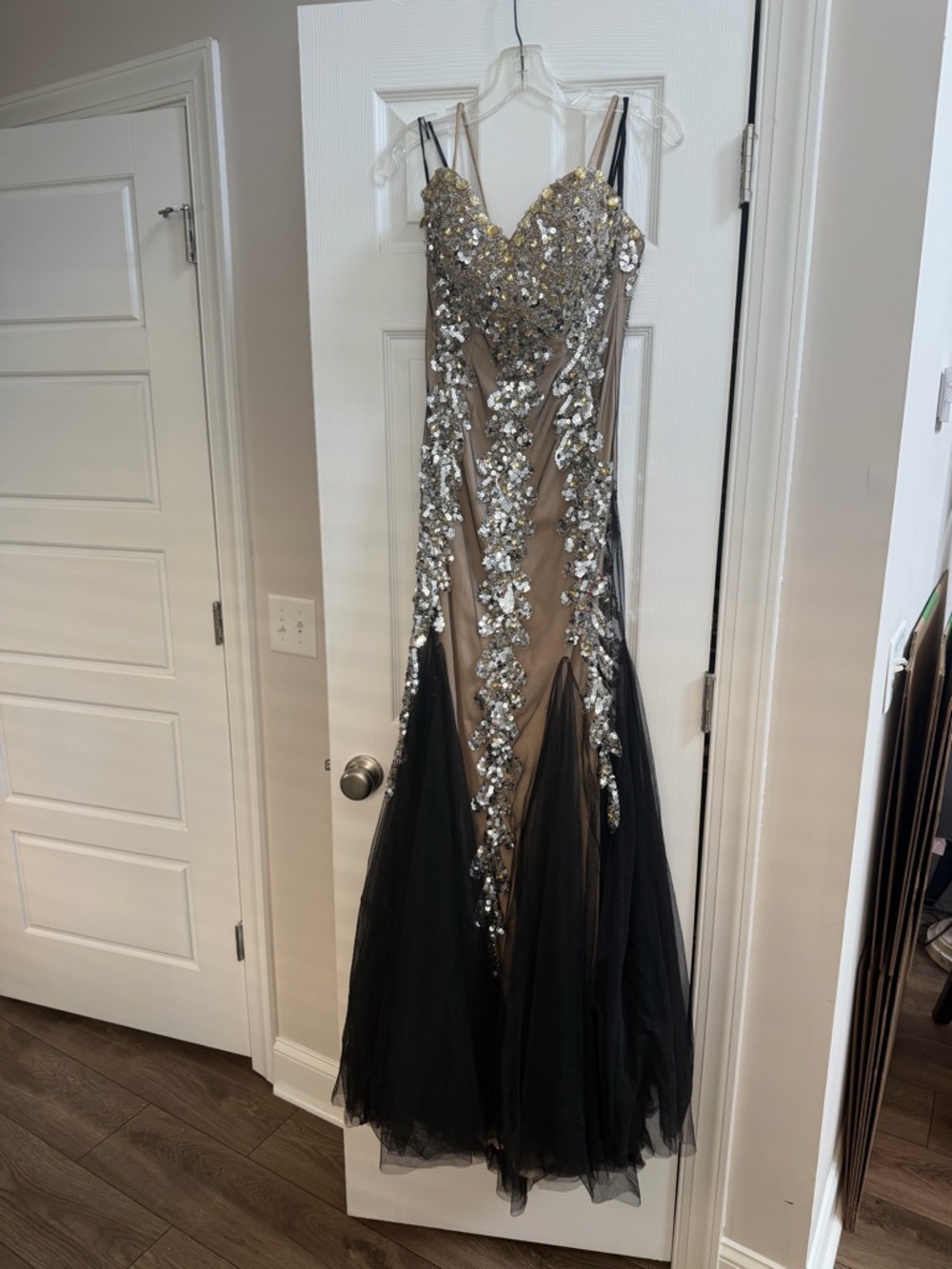 JVN by Jovani Black and Nude Sequin Appliqué Mermaid Gown